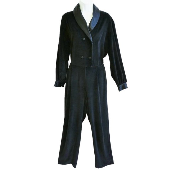 Vintage Black Velvet Jumpsuit Pockets Satin Shawl Collar Cuff Double BreastedL